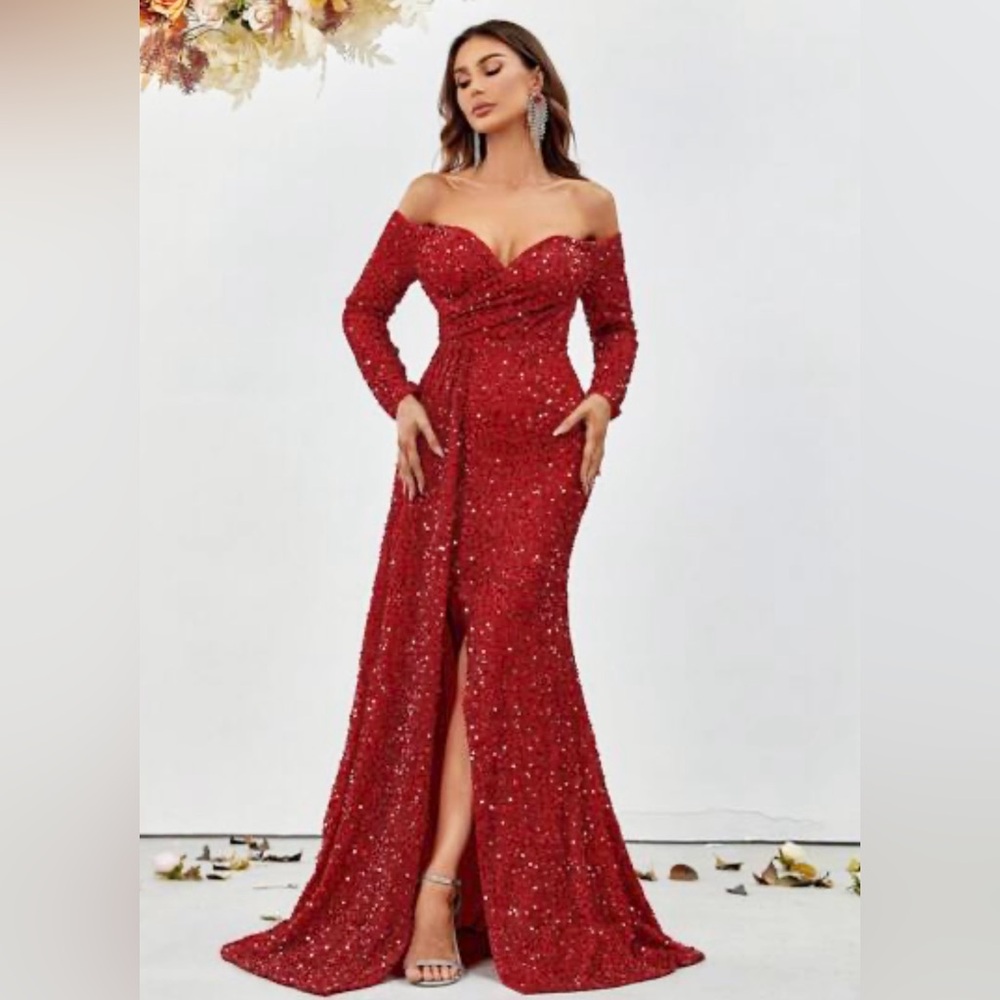 Faeriesty Off Shoulder Draped Side Split Thigh Sequin Formal Evening Gown